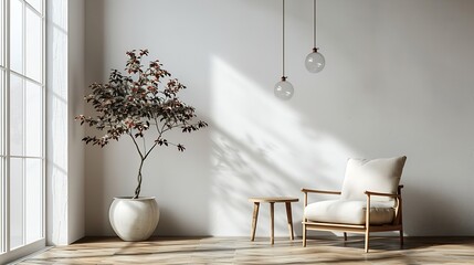 Interior living room wall mockup with sofa chair side table and hanging lights on white wall background with wooden flooring : Generative AI