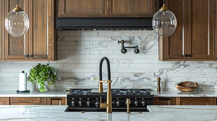 A kitchen detail with wood cabinets a black faucet subway tile backsplash and gold light fixtures hanging above the black island and marble countertops : Generative AI