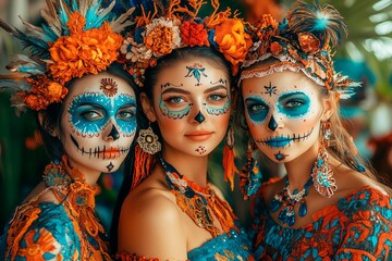 Colorful celebration of D&iacute;a de los Muertos with women in traditional attire and elaborate sugar skull makeup outdoors during a festive gathering