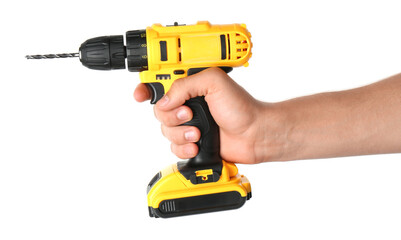 Man with cordless electric drill on white background, closeup