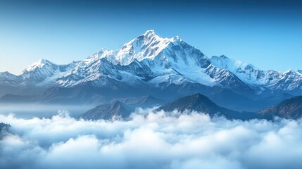Majestic snow-capped mountains above a sea of clouds at dawn.