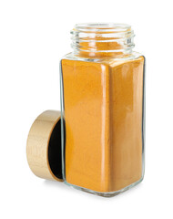 Curry powder in glass jar isolated on white