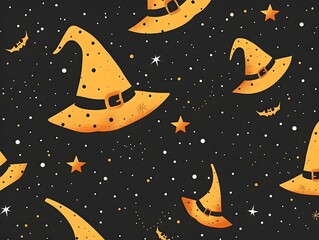 Charming Witch Hat Pattern Against a Starry Night Sky for Halloween Themed Banners and Backdrops