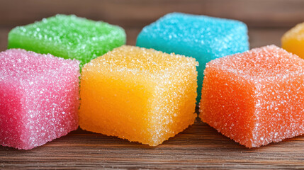 Colorful sugar-coated jelly cubes in assorted flavors arranged on a wooden surface, showcasing vibrant and tempting sweet treats.