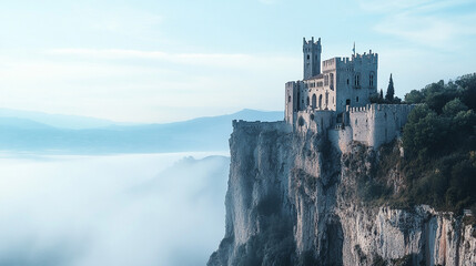 Majestic castle perched on a cliff surrounded by mist at dawn in the countryside