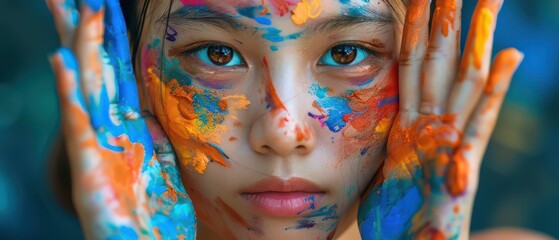 Obraz premium Young girl with face and hands covered in colorful paint, expressing creativity and playfulness. Free copy space for text.
