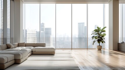 Fototapeta premium interior design of a room in a new building with large windows : Generative AI