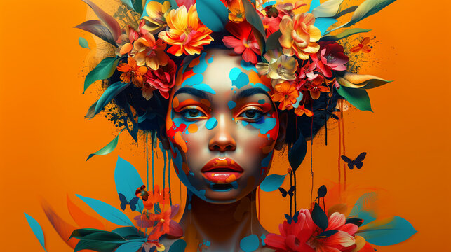 Modern portrait of beautiful woman with floral hair and big lips on bold colors background. Contemporary trendy stylish pop art in bold hues