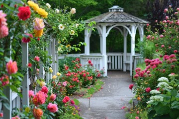 A peaceful garden path lined with blooming roses in various colors, leading to a charming white gazebo.