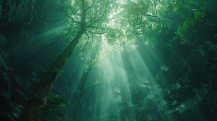 Sunlight streams through dense foliage, illuminating a mysterious, ethereal forest.