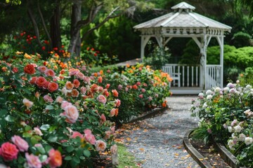 Obraz premium A peaceful garden path lined with blooming roses in various colors, leading to a charming white gazebo.
