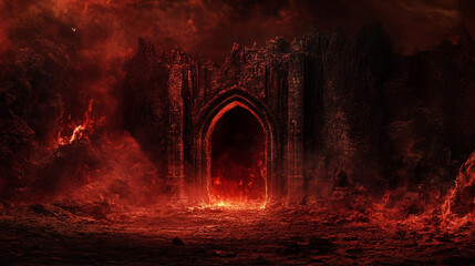 Obraz premium A fiery entrance to a dark realm surrounded by molten lava and jagged rocks at twilight