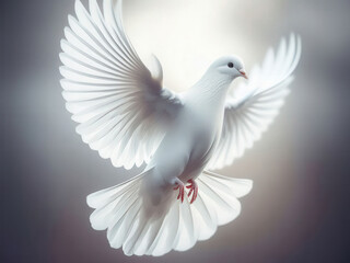 A white tumbler pigeon in mid-flight, graceful posture, wings elegantly spread. © Alex Pelikh