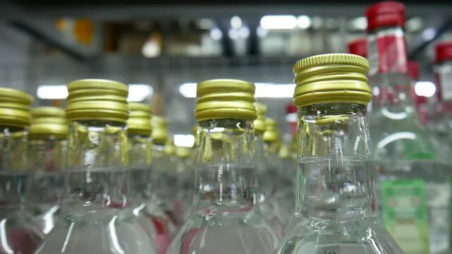 Close-up of many vodka bottles in a grocery store