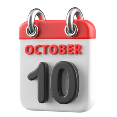 10th October Calendar Icon 3D Render