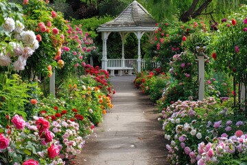 Fototapeta premium A peaceful garden path lined with blooming roses in various colors, leading to a charming white gazebo.