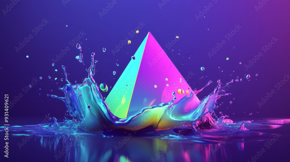 Poster a vibrant pyramid emerging from colorful water splashes, creating a dynamic visual effect.