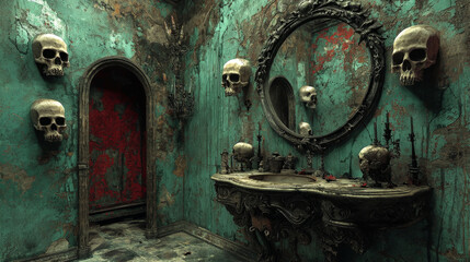 A gothic Halloween table adorned with a skull, candles, and roses, creating an eerie, yet elegant, spooky atmosphere.