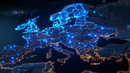 Obraz premium Illuminated Network Map of Europe at Night Highlighting Major Cities and Infrastructure.