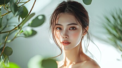 Fototapeta premium A beautiful portrait of an Asian woman model with flawless, glowing skin. Perfect for beauty, skincare, and cosmetic advertising.