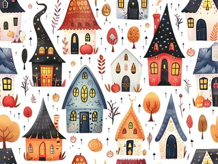 Enchanting Mystical Witch s Cottage Pattern with Seamless Halloween Imagery
