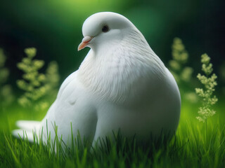Fototapeta premium A white tumbler pigeon resting gracefully on a patch of lush green grass