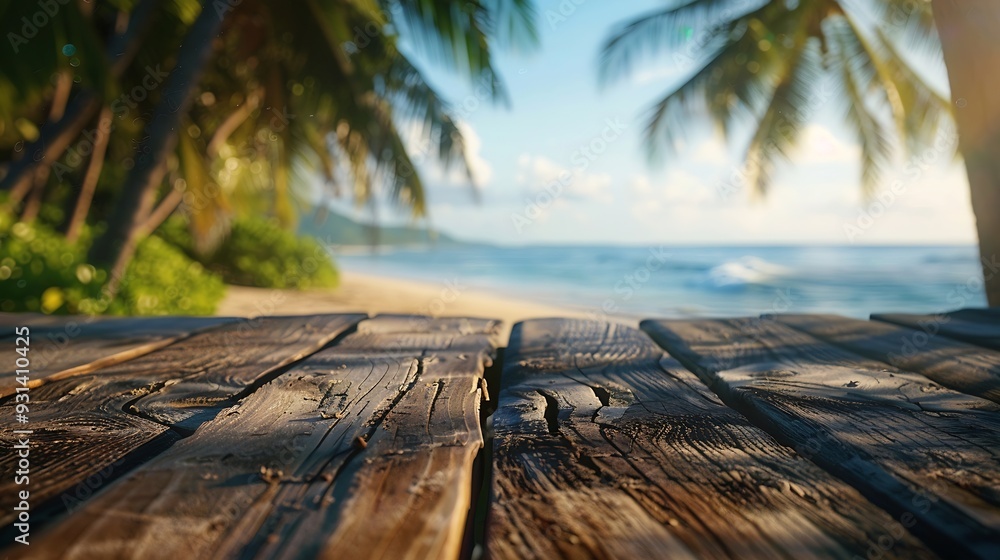 Aufkleber Empty wooden table with blurred beach with coconut trees in the background : Generative AI
