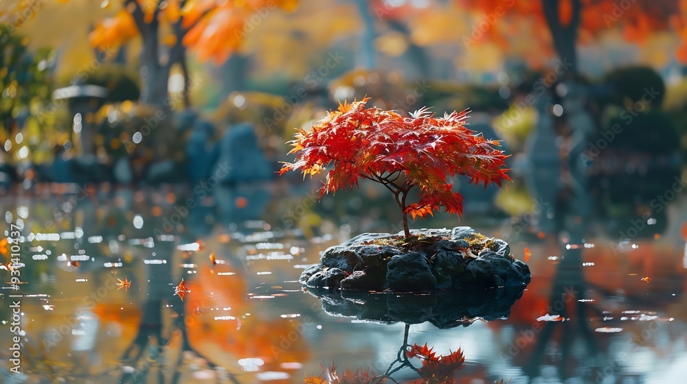 Poster A Japanese garden with a Japanese maples on the forgetting and background sure surrounding a carp lake : Generative AI