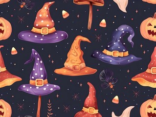 Enchanted Witch s Hat Pattern with Spooky Halloween Pumpkins and Bewitching Elements