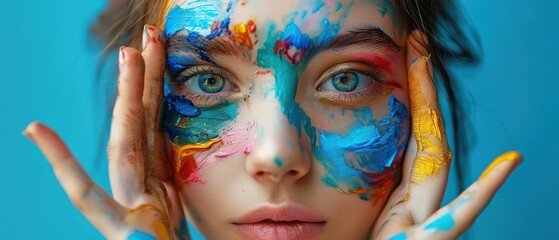 Obraz premium Young girl with face and hands covered in colorful paint, expressing creativity and playfulness. Free copy space for text.