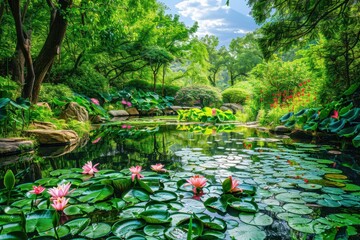 Fototapeta premium A serene scene of a garden pond surrounded by blooming water lilies and lush greenery.