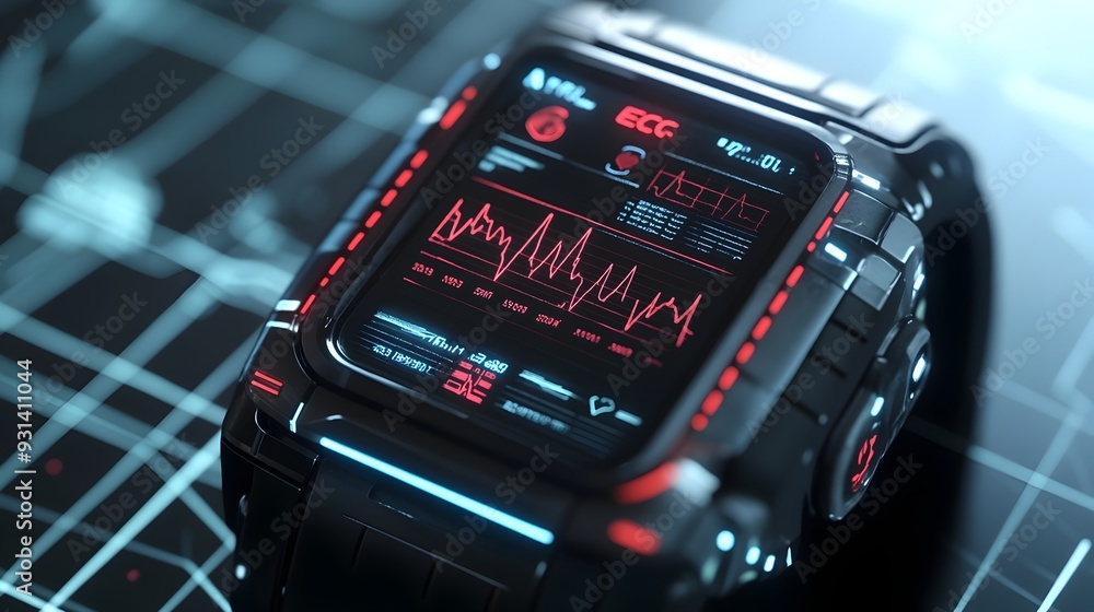 Poster wrist worn ecg monitor with minimalist futuristic display clear heart rhythm readings presented on a