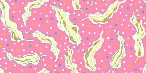 Abstract fantasy leaves and dots variegated ornament Asian motifs vector seamless overlapping pattern rapport