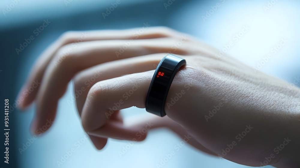 Poster sleek smart ring device showcasing a modern digital interface for health tracking and biometric data