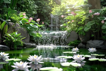 A serene scene of a garden pond surrounded by blooming water lilies and lush greenery.