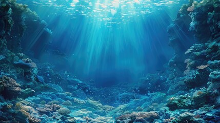 Obraz premium Underwater Scene with Sunbeams Illuminating Coral Reef