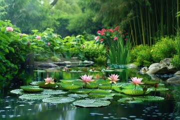 A serene scene of a garden pond surrounded by blooming water lilies and lush greenery.