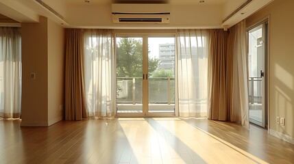 Obraz premium Empty room with old brown stoneware floor wall air conditioner cheap wooden access doors to other rooms and balcony with curtains and sheers : Generative AI