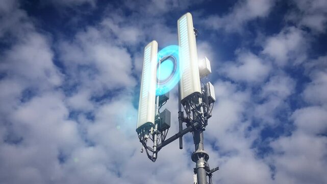 Animation of Electromagnetic pulse from 5G antenna. Radio waves energy health issue