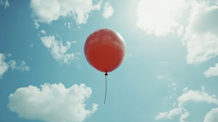 Obraz premium A solitary red balloon drifts aimlessly against a backdrop of fluffy clouds and a vibrant sky, capturing a sense of longing and adventure