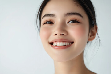 Asian woman positive smile on white background, beauty positive smile