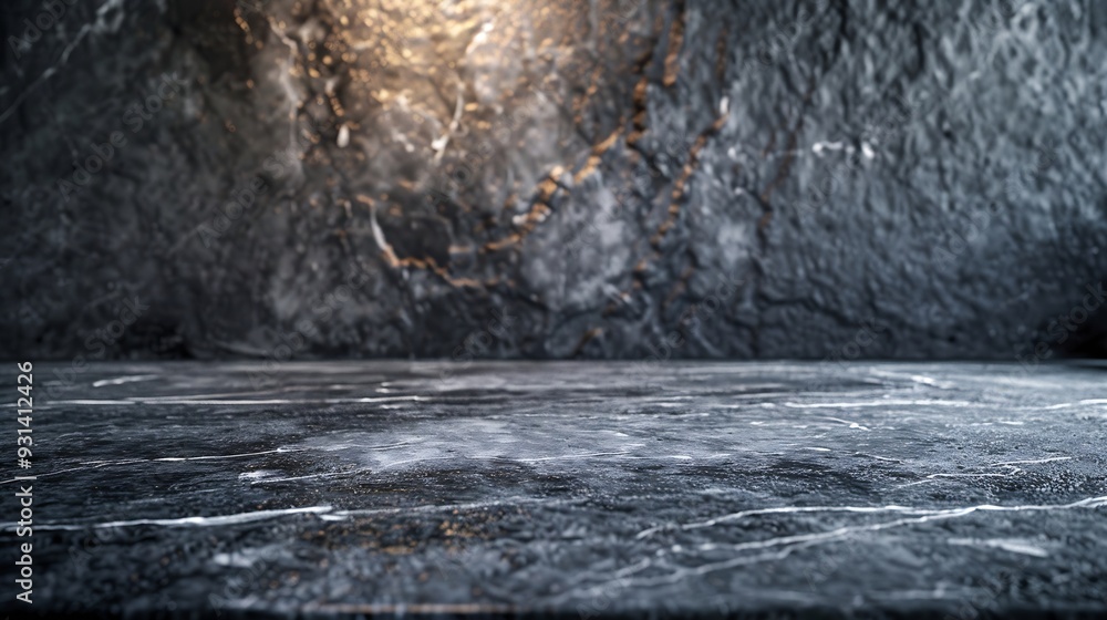 Poster empty grey marble tabletop with dark black cement stone background for product displayed in rustic m