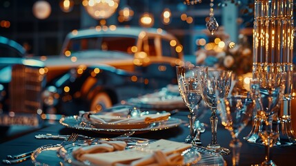 A stylish and elegant decoration with a dark navy blue color theme prepared for the wedding organization that will take place in the car museum : Generative AI