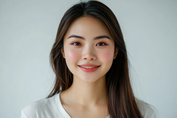 Fototapeta premium Asian woman positive smile on white background, beauty positive smile