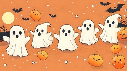 Friendly Halloween Ghost Buddies Pattern in Cartoon Style for Festive Banner Background