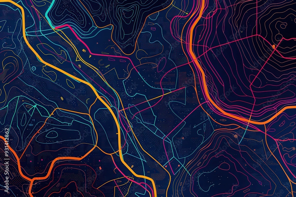 Poster dynamic and colorful lines crisscross a stylized map, symbolizing connectivity and direction for log