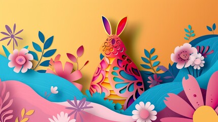Obraz premium Happy easter colorful paper cut rabbit egg card