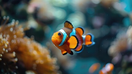 Close-up of a vibrant orange and blue clownfish in a coral reef habitat
