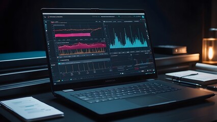Data analytics report, infographic with graph and chart on abstract background, crypto and stock finance business economic money market chart report