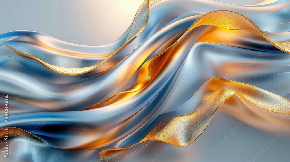Poster create an abstract elegant design with blue and gold ribbons flowing gracefully. focus on a luxuriou